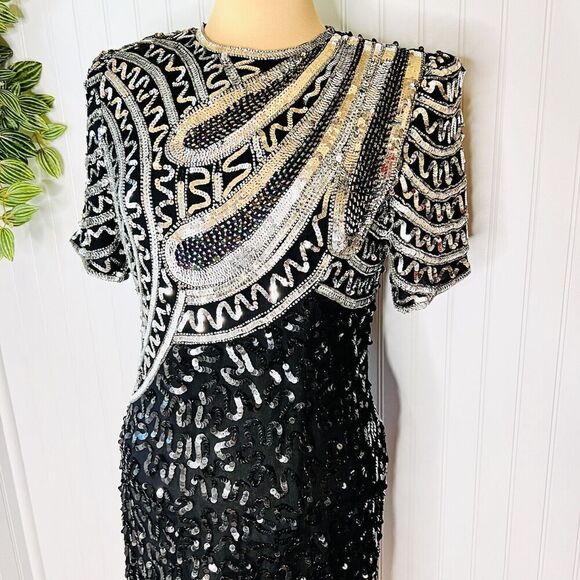 RARE Laurence Kazar Sz PM Dress Vintage Silk Beaded Sequins Dinasty Glam Handmad - Picture 3 of 16